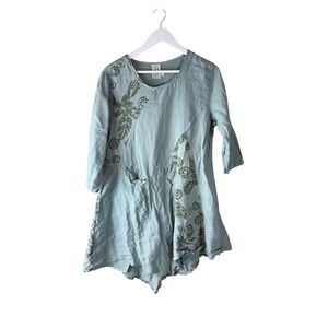 Match Point USA Womens L Linen Tunic Top Sage Green Floral Asymmetrical LT403
